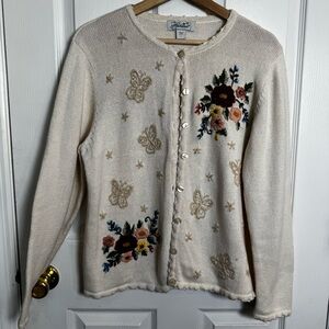 Haband Ramie Cotton Embroidered Floral Butterfly Cardigan Sweater Large Vintage